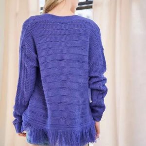 Davi & Dani Fringe V-Neck Button Up Long Sleeve Cardigan - Image 2