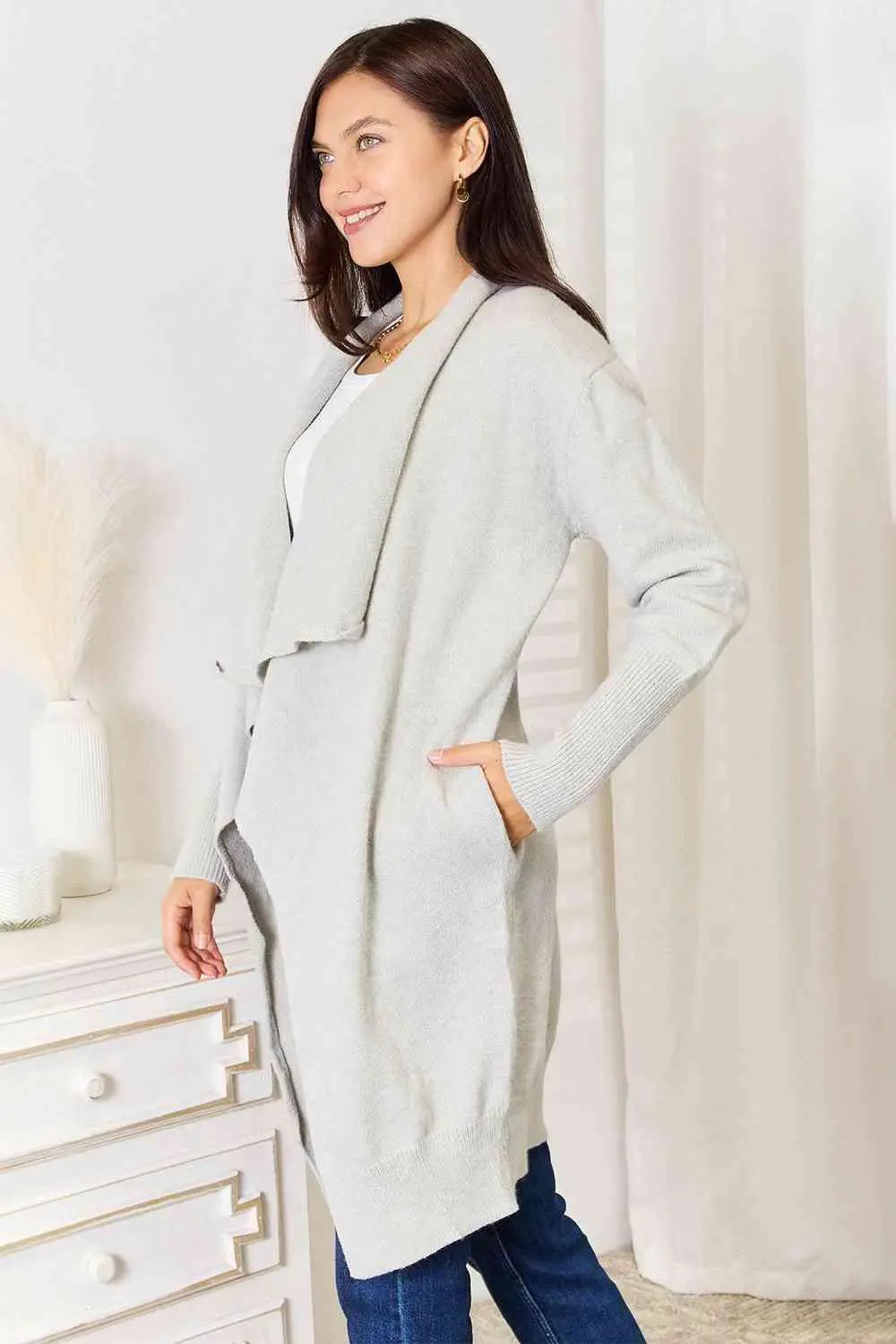 Double Take Open Front Duster Cardigan with Pockets - Image 3