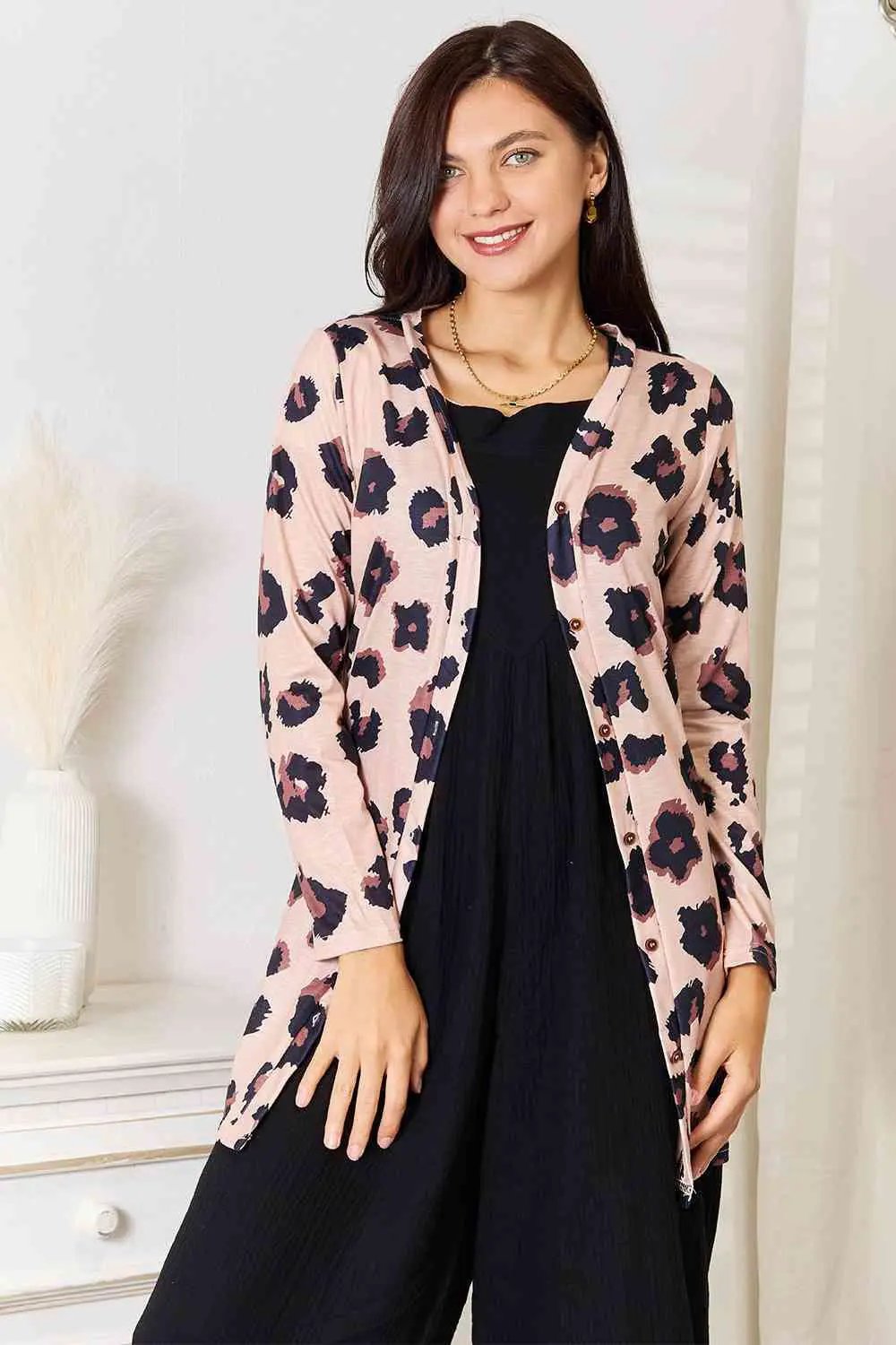 Double Take Printed Button Front Longline Cardigan - Image 1