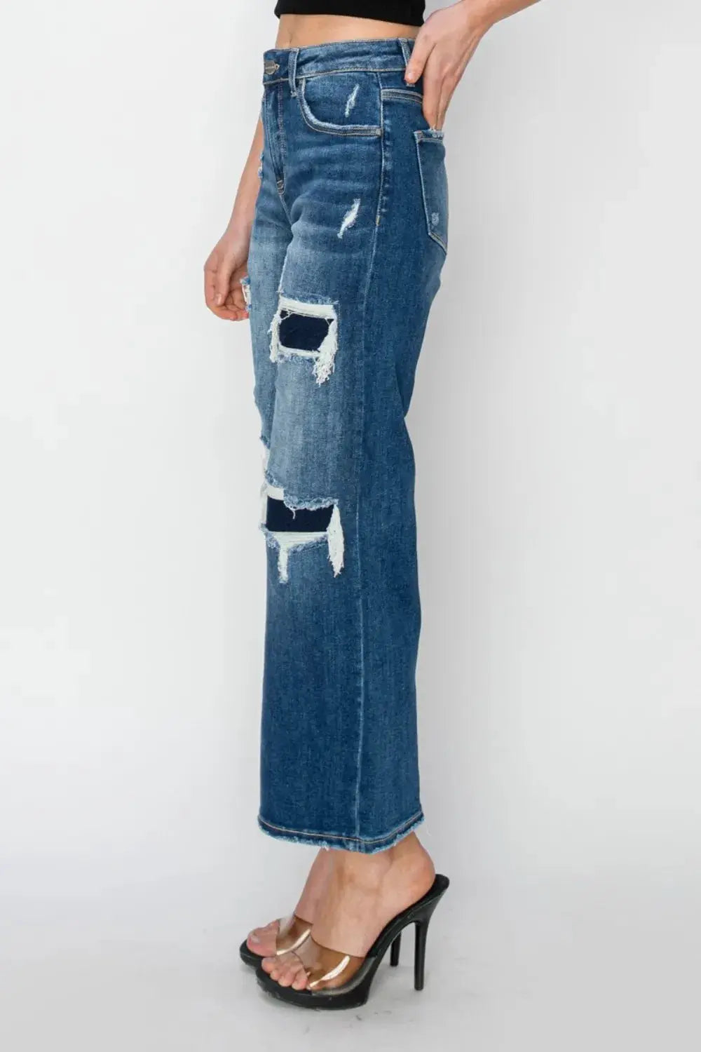 Risen Full Size High Rise Patch Detailed Wide Leg Crop Jeans - Image 3