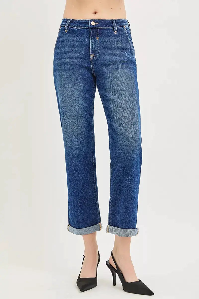 RISEN Slouchy Cropped Boyfriend Jeans with Cuffed Hem - Image 3