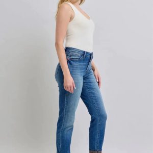 Judy Blue Full Size Plaid Print Cuff Straight Leg Jeans with Pockets - Image 6