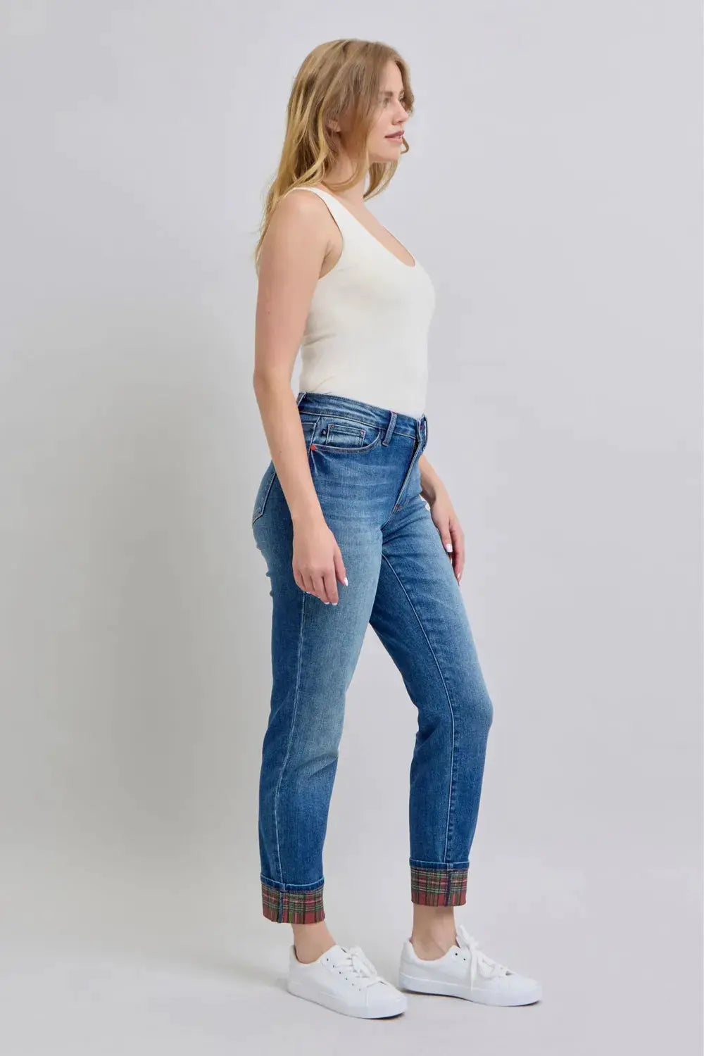 Judy Blue Full Size Plaid Print Cuff Straight Leg Jeans with Pockets - Image 6