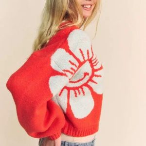 Davi & Dani Flower Contrast Round Neck Long Sleeve Cardigan - Image 3