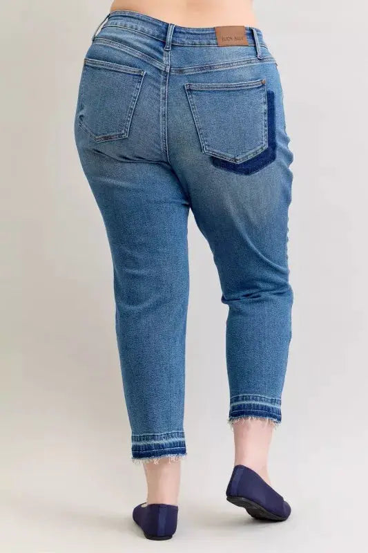 Judy Blue Full Size Mid Rise Bf Patch & Repair Destroy Release Hem Jeans Plus Size