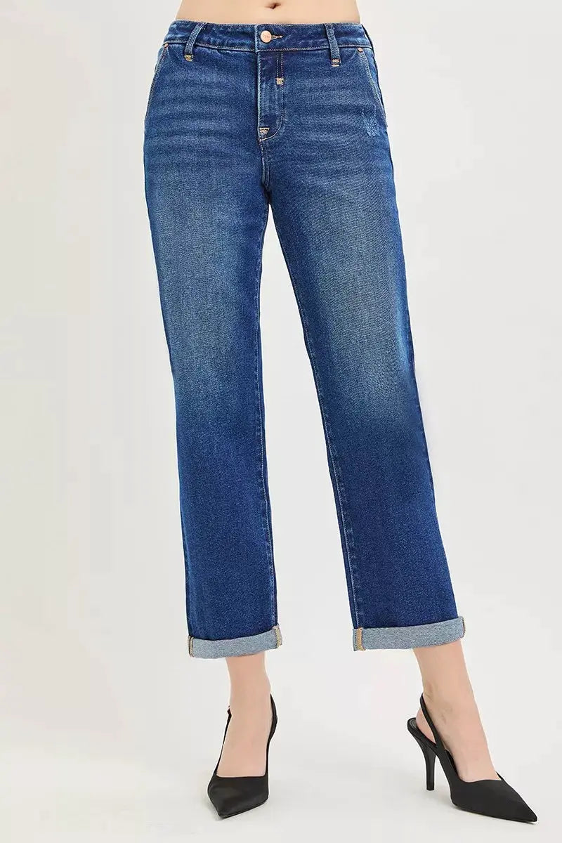 RISEN Slouchy Cropped Boyfriend Jeans with Cuffed Hem - Image 2