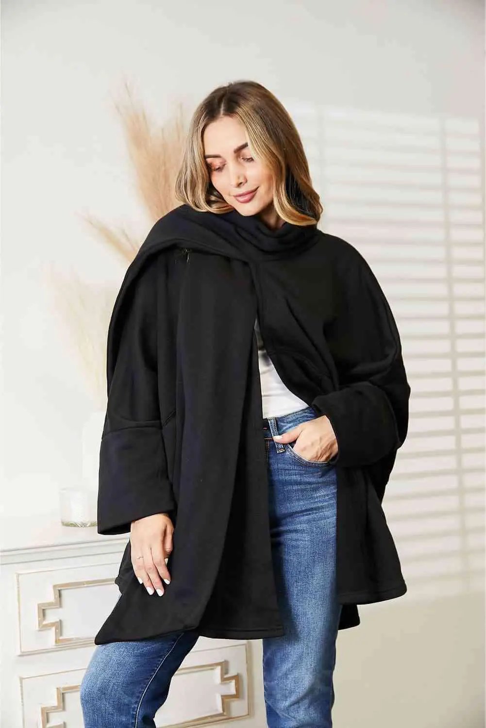 HEYSON Full Size Open Front Cardigan with Scarf Design - Image 1