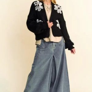 Davi & Dani Floral Applique Open Front Dropped Shoulder Cardigan - Image 1