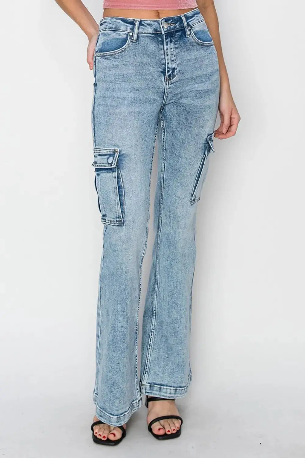 RISEN Full Size High Rise Cargo Flare Jeans - Image 5