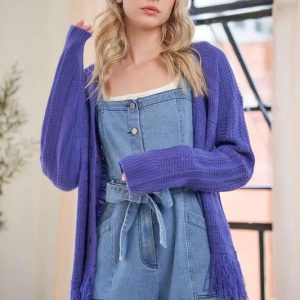 Davi & Dani Fringe V-Neck Button Up Long Sleeve Cardigan - Image 4
