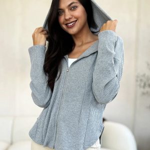 Culture Code Full Size Ribbed Zip Up Drawstring Hooded Jacket - Image 2