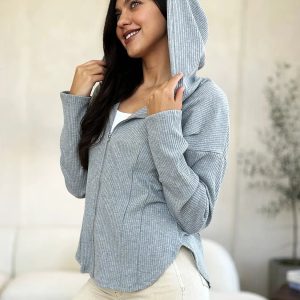 Culture Code Full Size Ribbed Zip Up Drawstring Hooded Jacket - Image 3