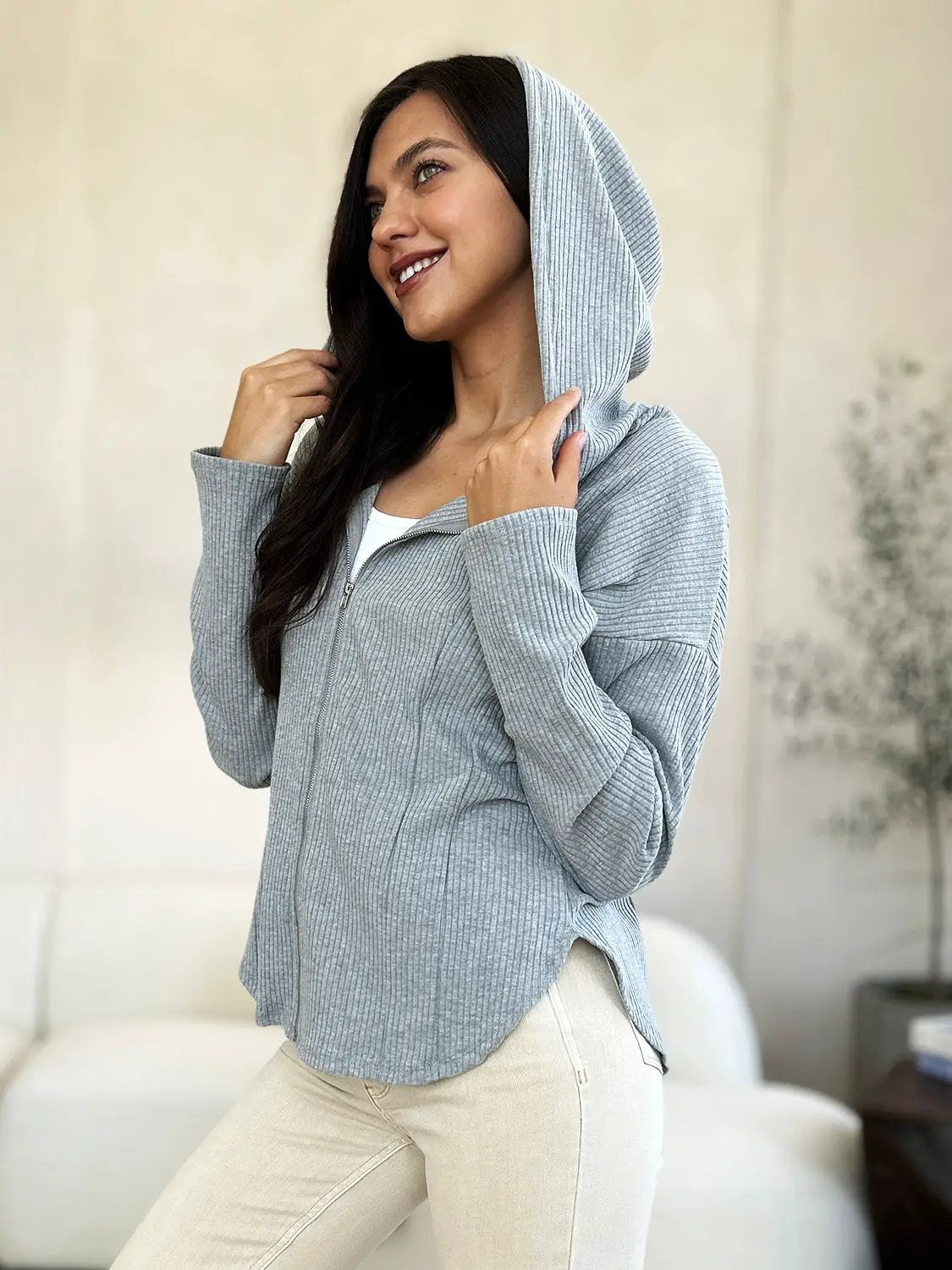 Culture Code Full Size Ribbed Zip Up Drawstring Hooded Jacket - Image 3