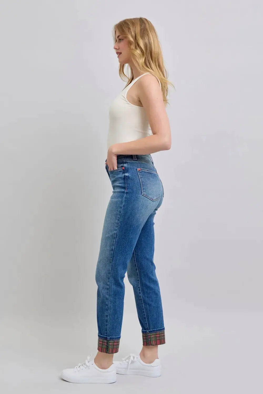 Judy Blue Full Size Plaid Print Cuff Straight Leg Jeans with Pockets - Image 7