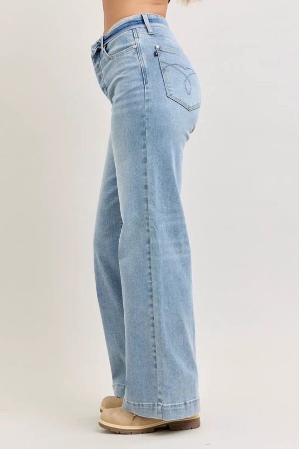 Judy Blue Mid Rise Retro Wide Leg Jeans with Fold-over Waistband
