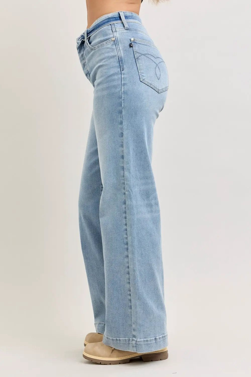 Judy Blue Mid Rise Retro Wide Leg Jeans with Fold-over Waistband - Image 3