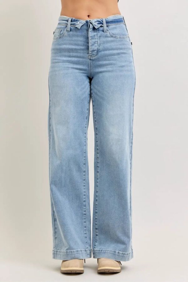 Judy Blue Mid Rise Retro Wide Leg Jeans with Fold-over Waistband