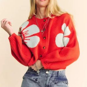 Davi & Dani Flower Contrast Round Neck Long Sleeve Cardigan - Image 4