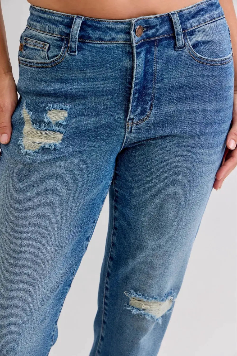 Judy Blue Full Size Mid Rise Bf Patch & Repair Destroy Release Hem Jeans Plus Size - Image 14