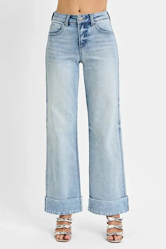 RISEN Full Size Tummy Control High Rise Ankle Wide Cuffed Jeans Plus Size