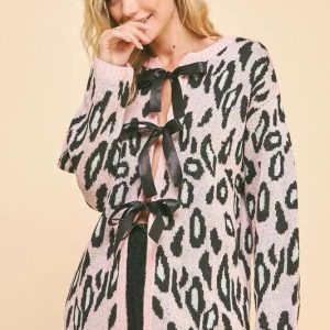 Davi & Dani Leopard Ribbon Tie Front Loose Fit Cardigan - Image 4