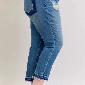 Judy Blue Full Size Mid Rise Bf Patch & Repair Destroy Release Hem Jeans Plus Size - Image 10