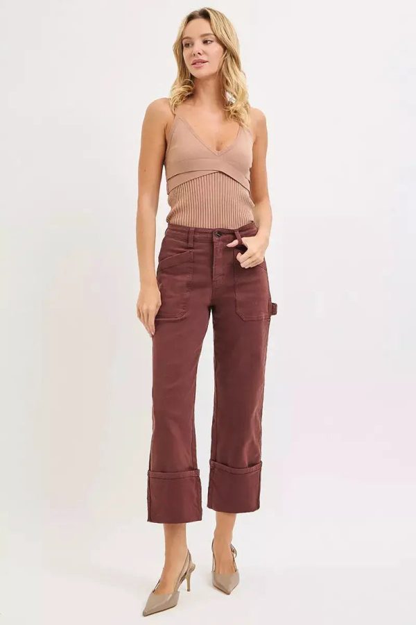 RISEN Full Size High Rise Wide Straight Cuffed Patch Jeans Plus Size