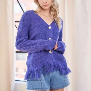 Davi & Dani Fringe V-Neck Button Up Long Sleeve Cardigan - Image 1