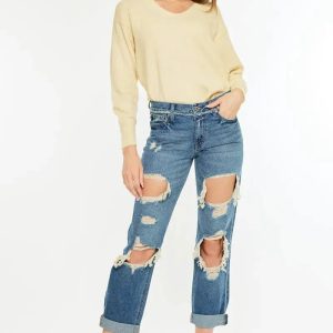 Kancan Distressed Mid Rise True Boyfriend Jeans - Image 1