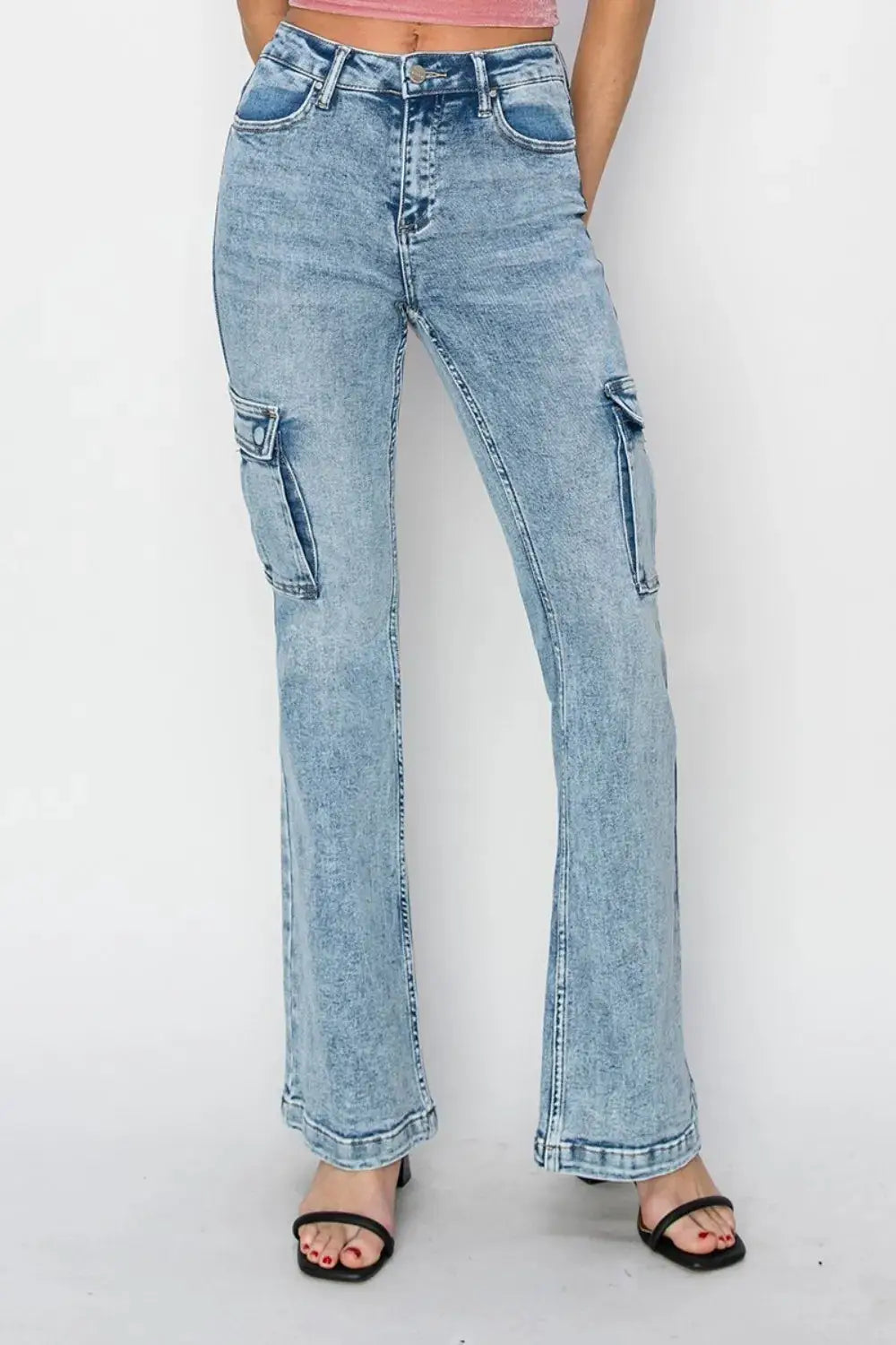 RISEN Full Size High Rise Cargo Flare Jeans - Image 4