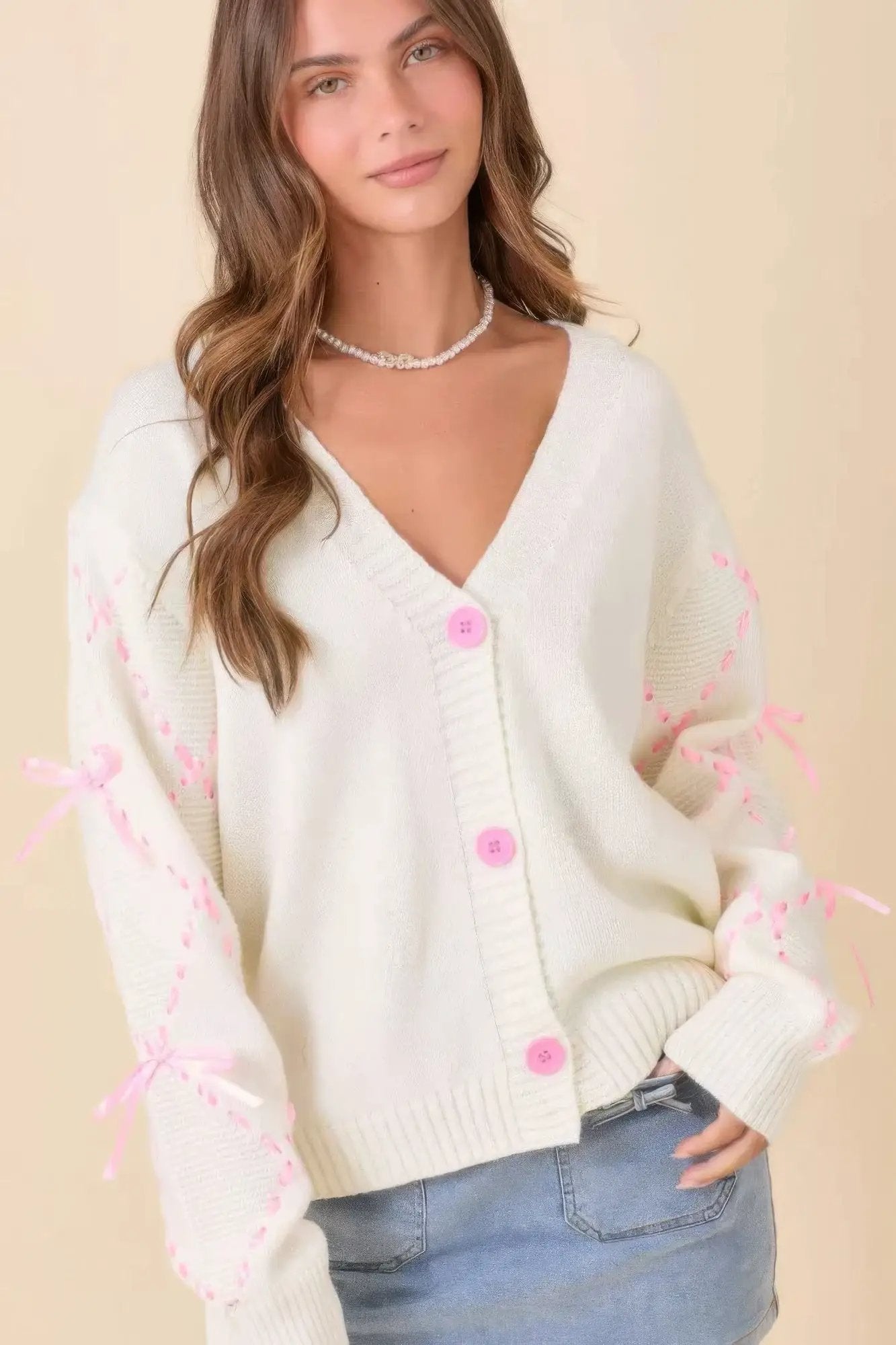 Hand Sewn Satin Ribbon Detail On Sleeve Cardigan - Image 1