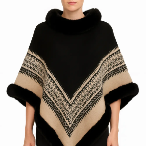 Chevron Trim Poncho With Faux Fur Collar - Image 1