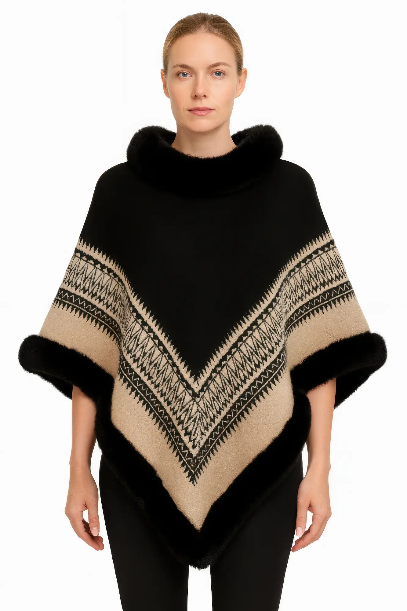 Chevron Trim Poncho With Faux Fur Collar - Image 1