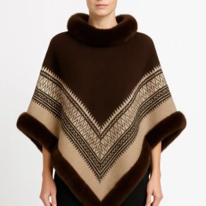 Chevron Trim Poncho With Faux Fur Collar - Image 1