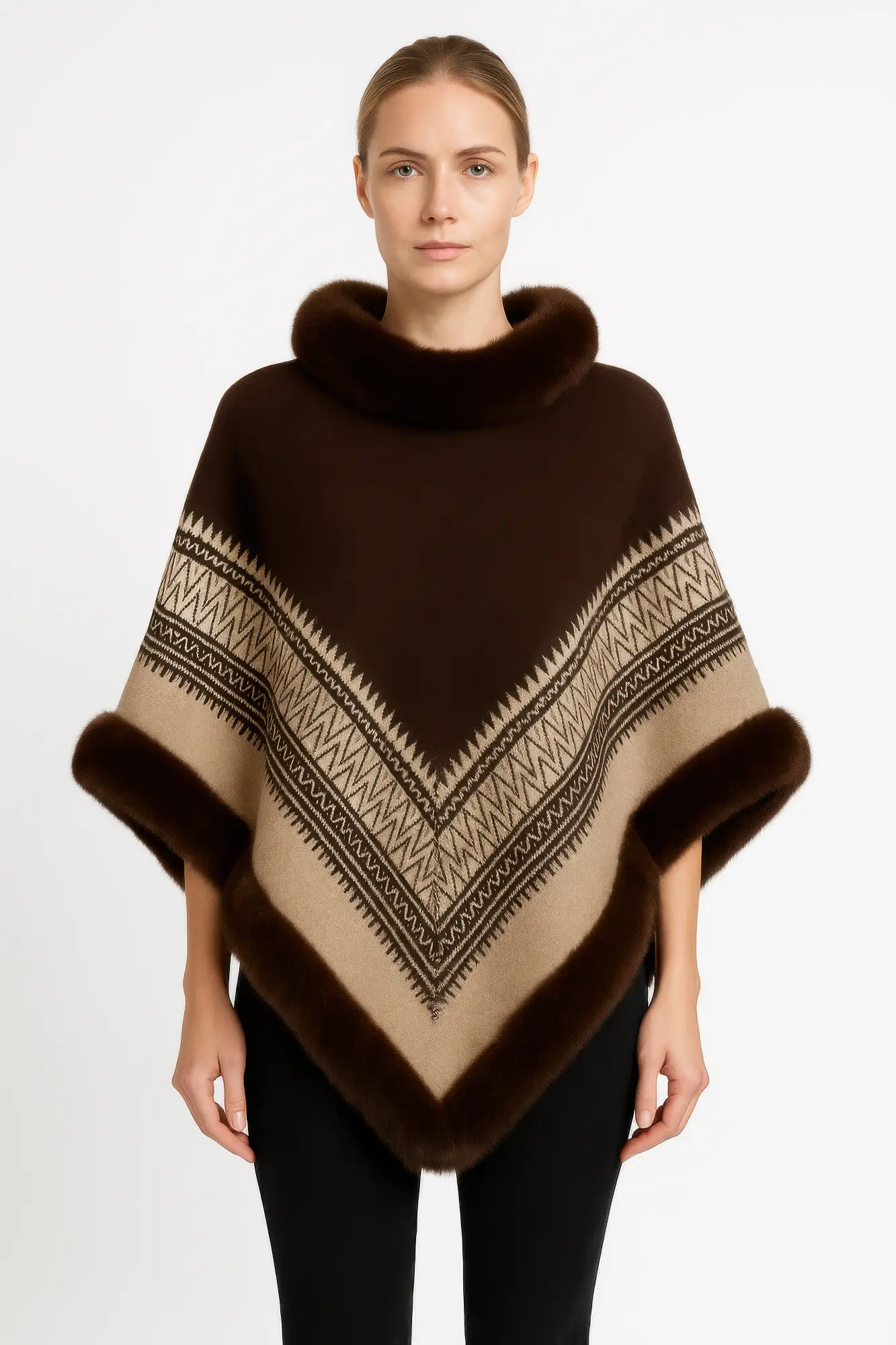 Chevron Trim Poncho With Faux Fur Collar - Image 1