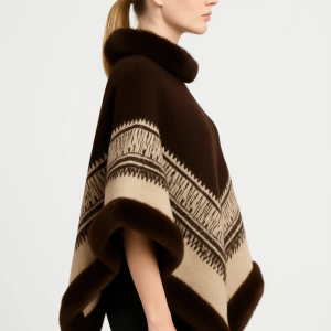 Chevron Trim Poncho With Faux Fur Collar - Image 2
