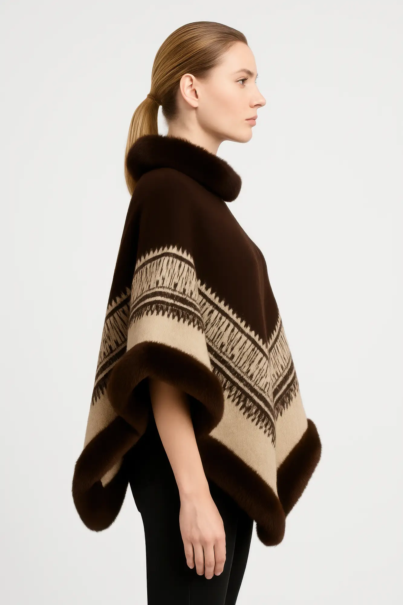 Chevron Trim Poncho With Faux Fur Collar - Image 2