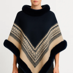 Chevron Trim Poncho With Faux Fur Collar - Image 1