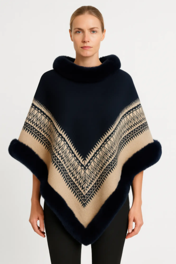 Chevron Trim Poncho With Faux Fur Collar