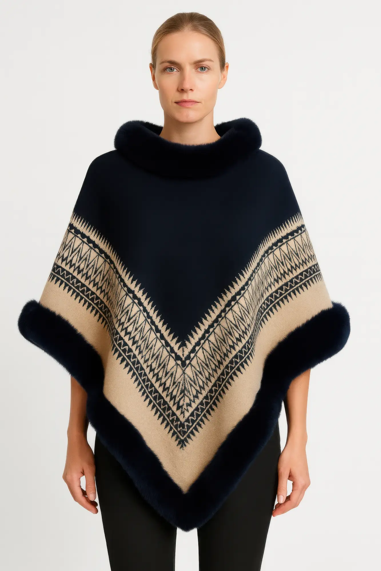 Chevron Trim Poncho With Faux Fur Collar - Image 1