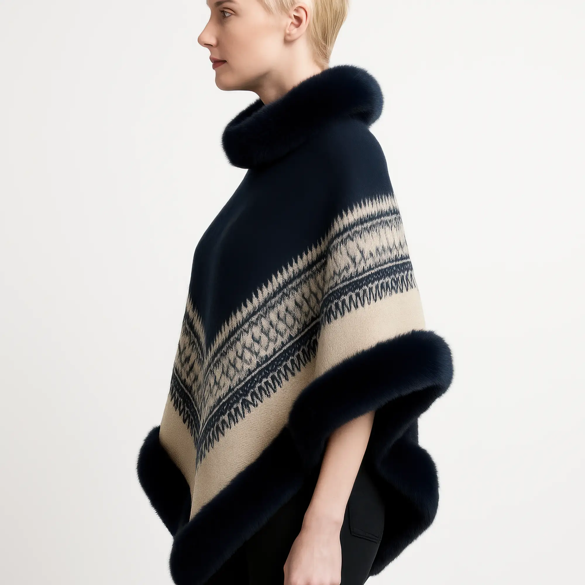 Chevron Trim Poncho With Faux Fur Collar - Image 2