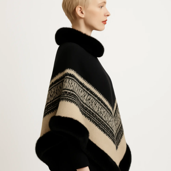 Chevron Trim Poncho With Faux Fur Collar