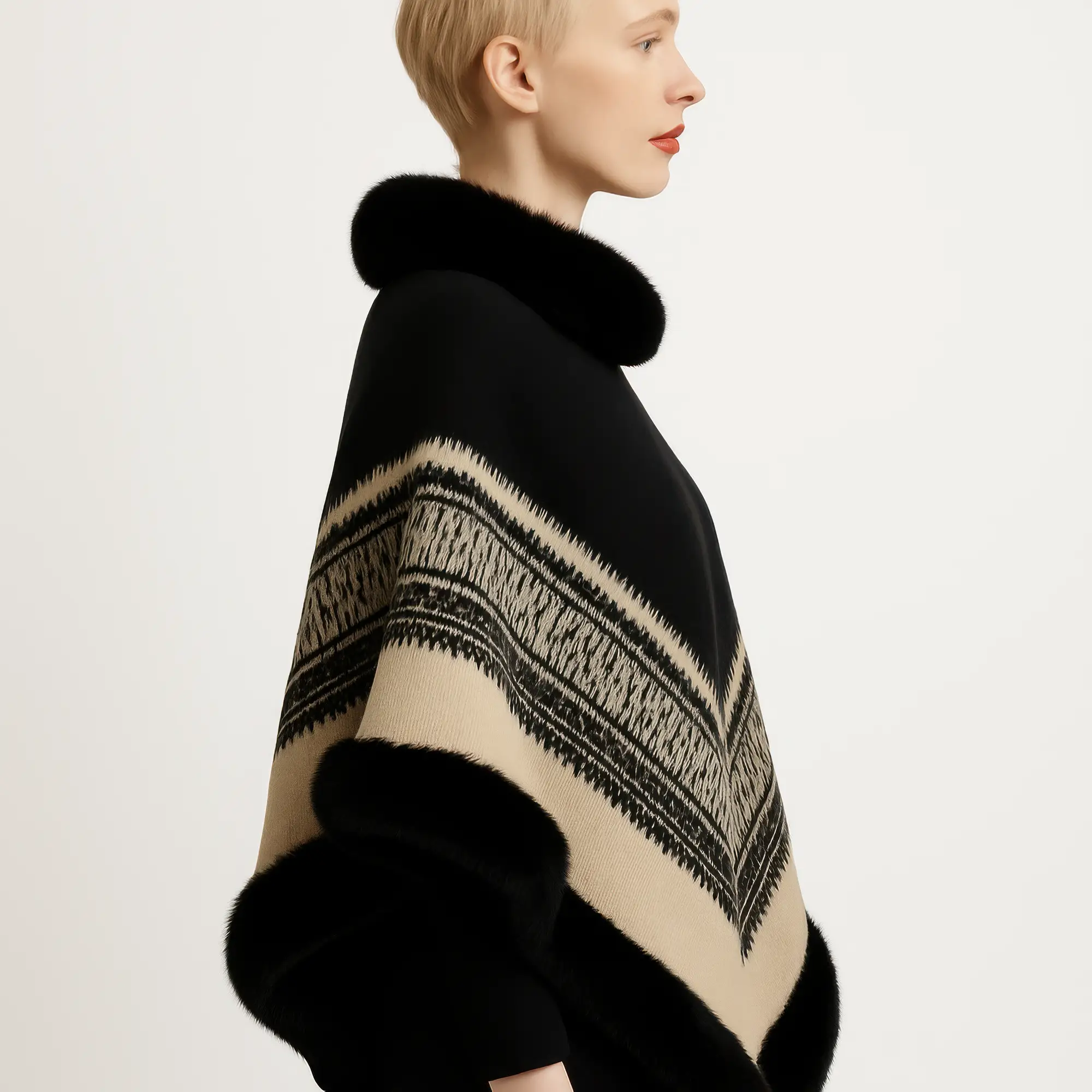 Chevron Trim Poncho With Faux Fur Collar - Image 2