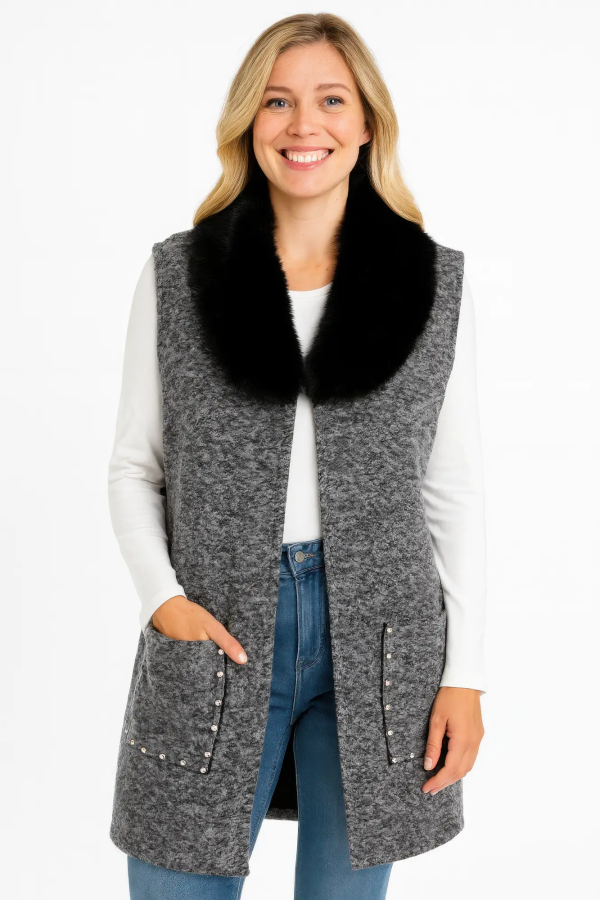 Sleeveless Wool-blend Vest With Faux Fur Collar