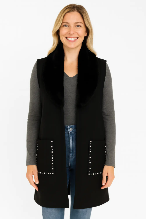 Sleeveless Wool-blend Vest With Faux Fur Collar