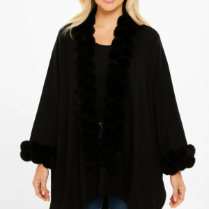 Open-front Cape With Pom Faux Fur Trim - Image 1