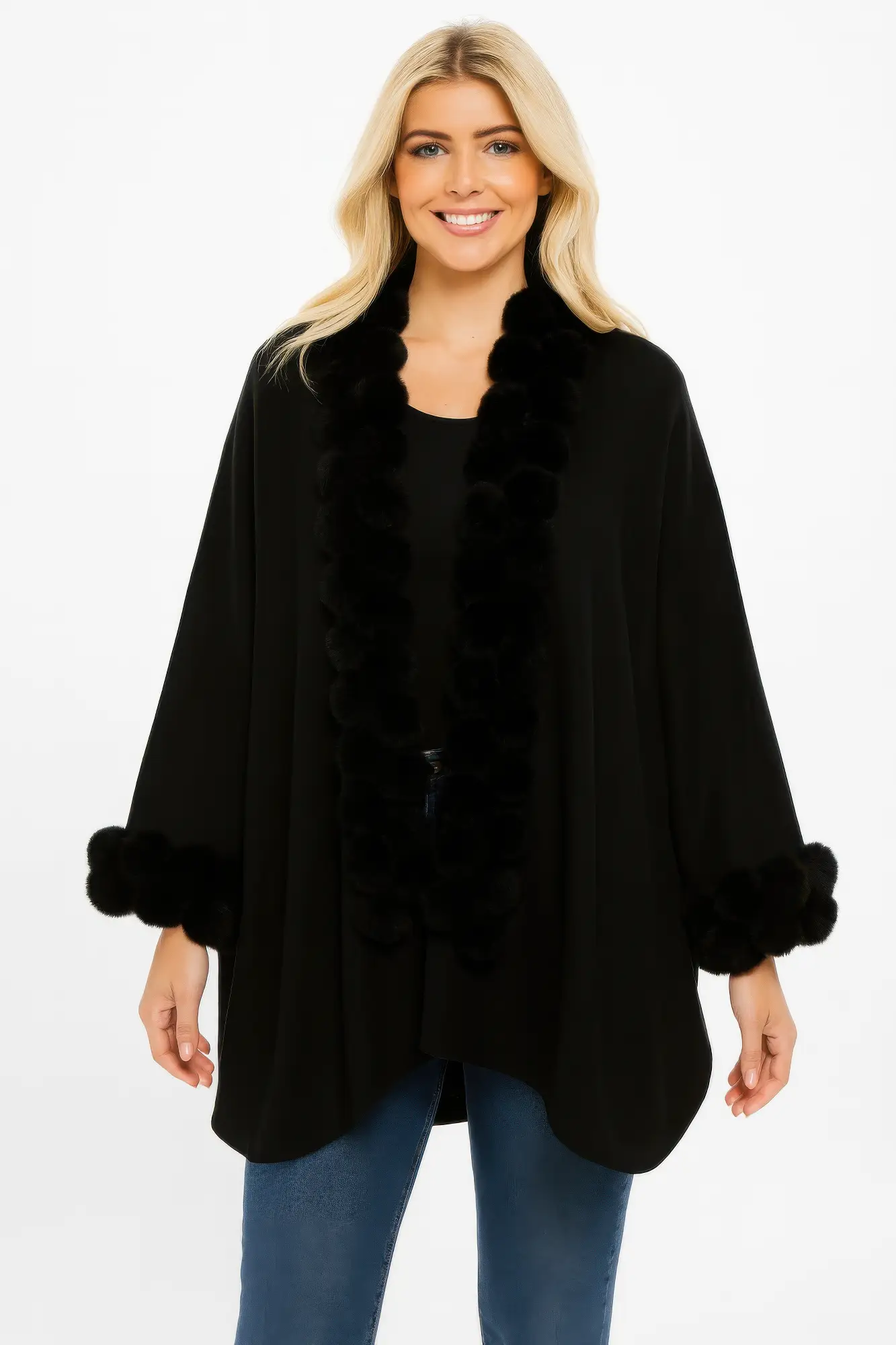 Open-front Cape With Pom Faux Fur Trim - Image 1