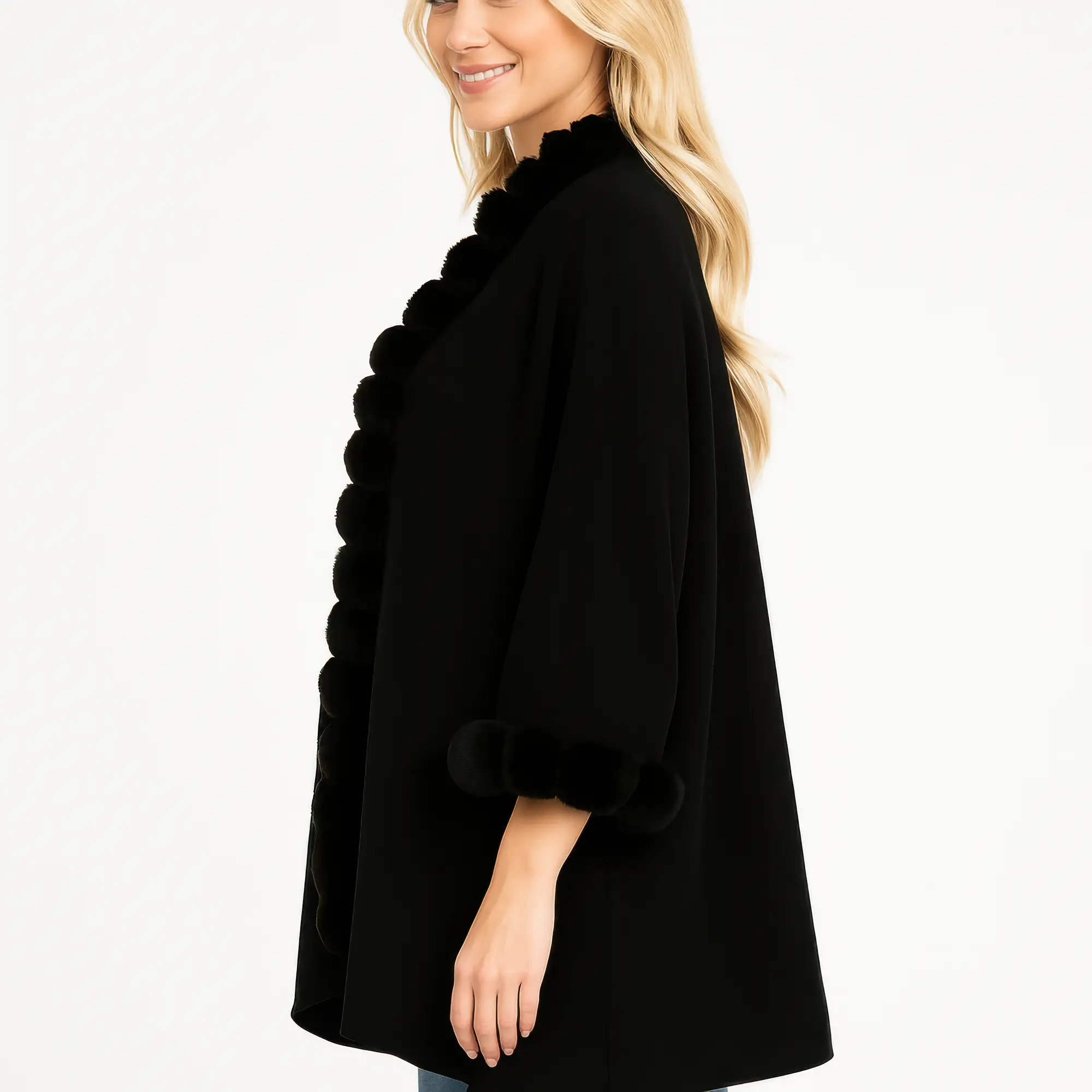 Open-front Cape With Pom Faux Fur Trim - Image 2