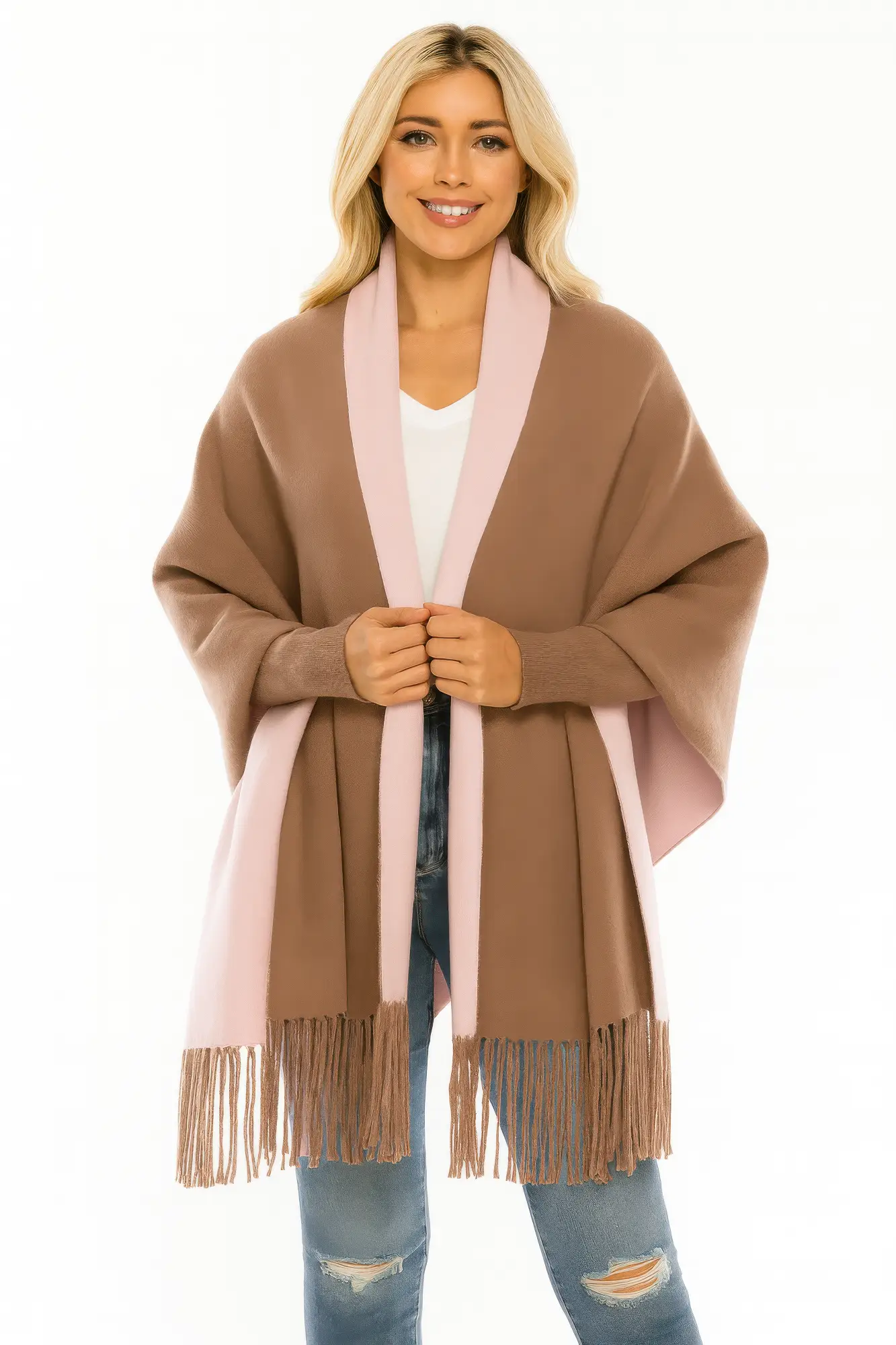 Colorblock Fringe-trimmed Open Wrap - Image 1