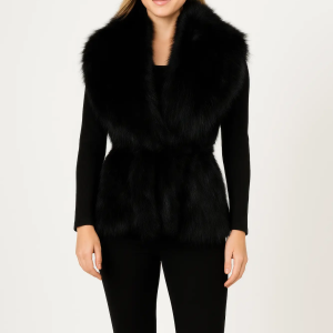 Black Sleeveless Faux Fur Vest With Cinched Waist - Image 1